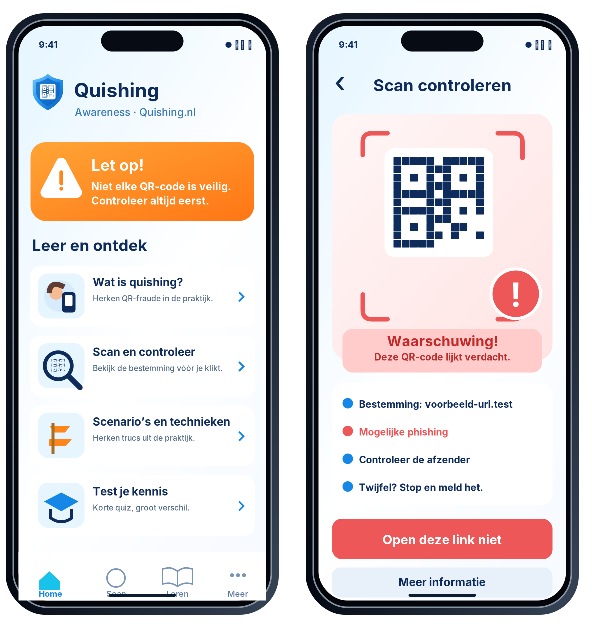 Twee ontwerpbeelden van de Quishing Awareness-app